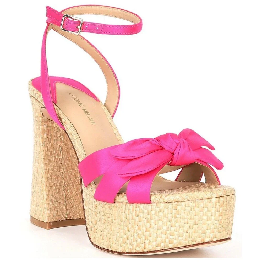 Antonio Melani Bindi Satin Bow Raffia Platform Sandal Hot Pink heel Size 8M NEW
